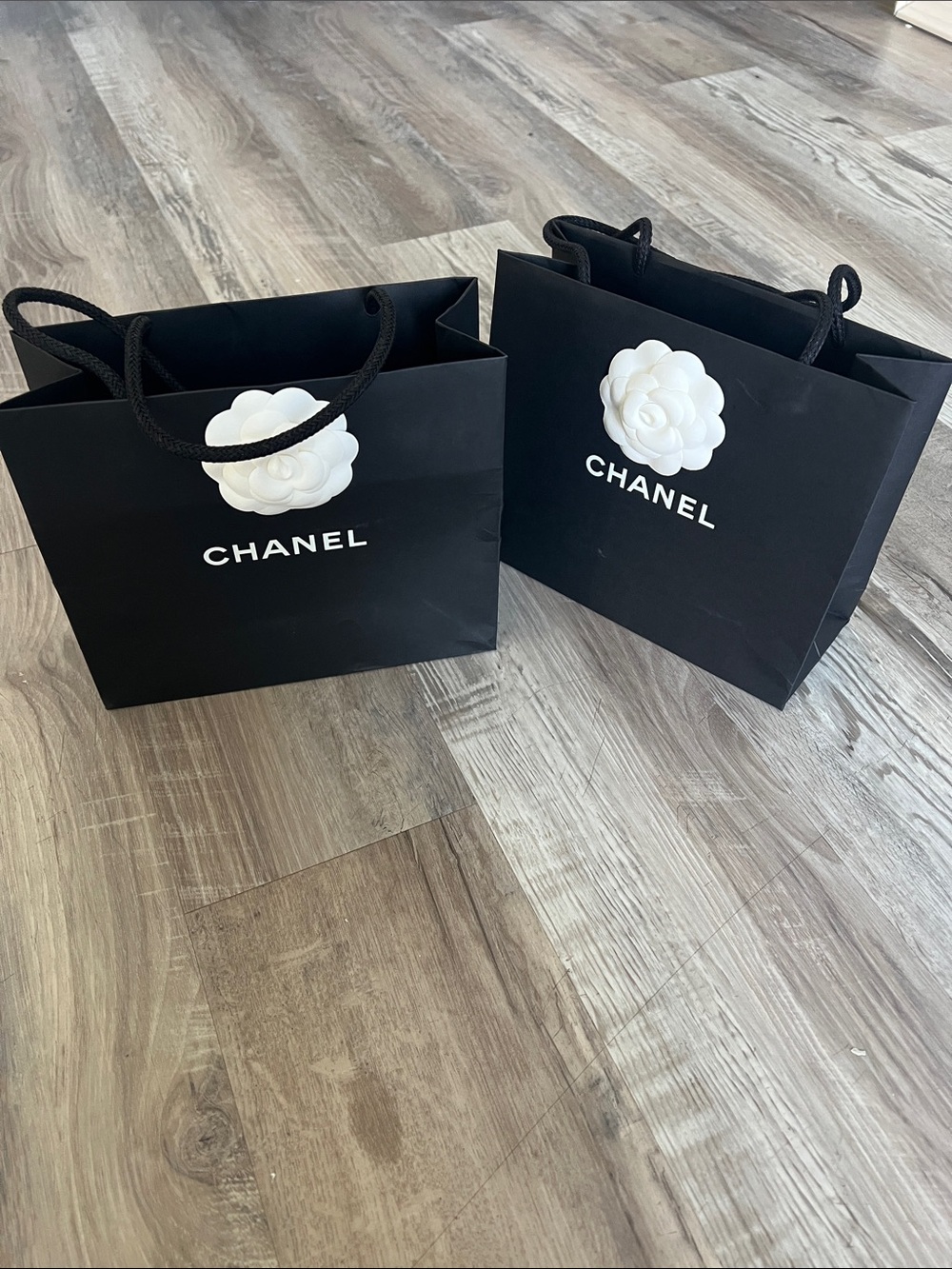 2 CHANEL Black Paper Gift Bags with White Camellia - Picture 2 of 15
